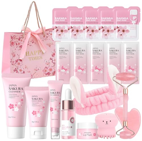 19 Stück Sakura Gesichtspflege Set, Sakura Skin Care Set | Cleanser,Serum,Guasha Stein,Gesichtsroller Rosenquarz,Gesicht Reinigung & Pflege,Geschenke für Teenager Mädchen und Frauen