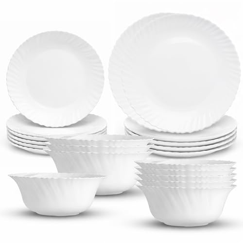 HOMSMYTH 21 Piece Opal Dinner Sets for 6 People – White Glass Opal Dinnerware Set with 10” Dinner Plates, 8.5” Side Plates, 9” Deep Bowls & 7” Soup Bowls | Microwave & Dishwasher Safe Modern Tableware