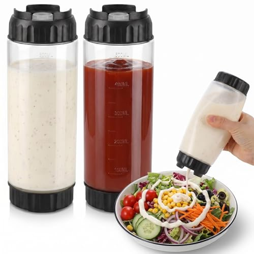 2 Pcs 20oz Squeeze Bottles, Refillable Large Valve Condiment Dispenser | Self-Sealing Leakproof Syrup Ketchup Sour Cream Sauce Bottle for Restaurant Home Kitchen(Black)