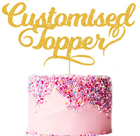 EDSG Personalised Cake Topper Happy Birthday Decorations. Double Sided Glitter Card. Any Text Customized. Birthday or Wedding Party. Multicolour Glitter Wedding Cake Decoration(Gold)