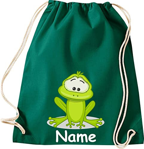 Shirtinstyle Turnbeutel, Tiere Frosch mit Wunschnamen, Kinder, Stoffbeutel, Kinderrucksack, Jute, Gymsack, Farbe Gruen