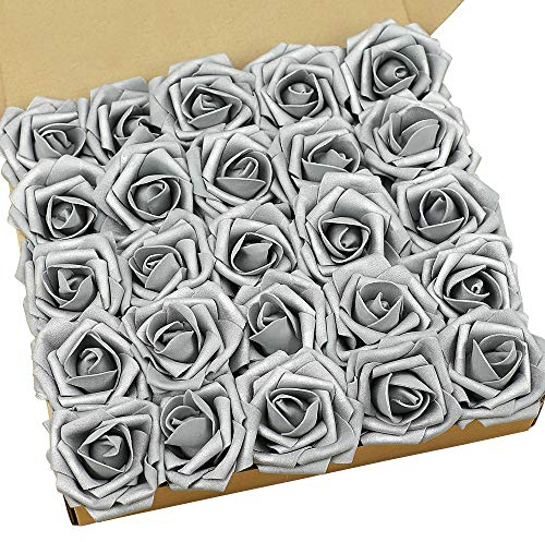 N&T NIETING Fiori Artificiali, Rosa Artificiali 25 Pezzi Schiuma Teste di Rose Finte Aspetto Reale con Foglia e Gambo Regolabile per DIY Matrimoni Mazzi Nuziale Festa Casa Stanza Decorazioni