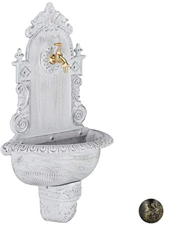 Relaxdays Fontaine Mural X L Style Antique, Robinet, Evier Jardin, Fonte Aluminium, HlP 75 x 44,5cm x 22 cm, Blanc