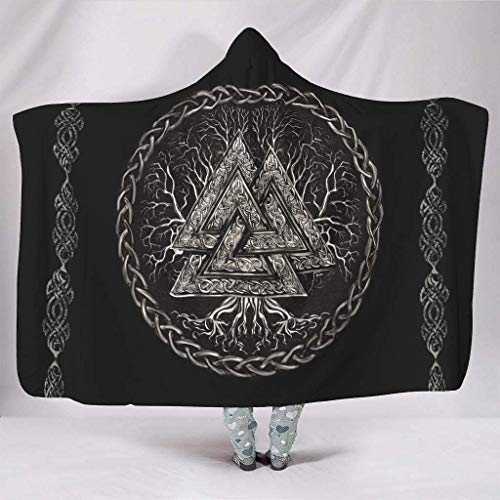 YEOL Super Weich Mit Kapuze Decken Nordisch Wikinger Valknut Yggdrasil Baum des Lebens Keltisch Knoten Mythologie Druck Fleece Fantasie Umhangwickel mit Kapuze Bettzeug 150x200cm