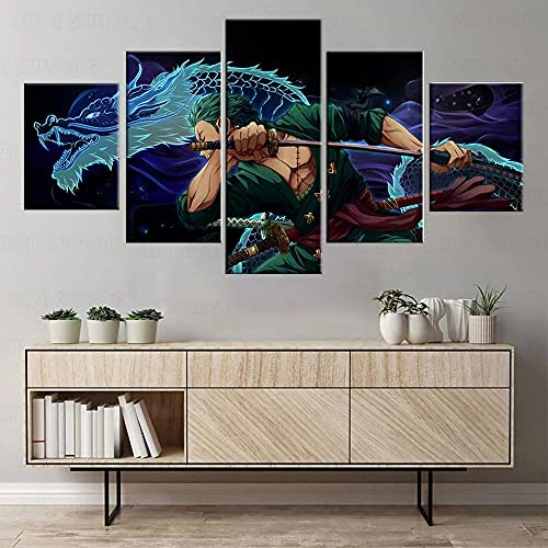 Wondbeau Leinwanddrucke Modulare Wandkunst Wandaufkleber 5 Teiliges Wandbild Druck auf Leinwand Malerei Moderne Abstrakte Poster Mit Rahmen L/150cm×80cm Roronoa Zoro,Anime One Piece