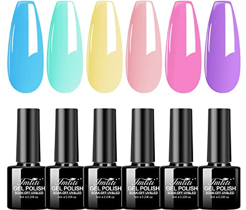 Imtiti Pastel Gel Nail Polish Set, 6 Color Pastel Blue Pink Purple Coral Orange Yellow Spring Summer Gel Polish Macaron Gel Nail Kit for Nail Art DIY Manicure and Pedicure at Home