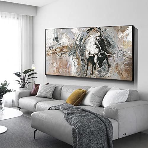 Jianghu Art Rushing Bullfight Poster Stier Übergroße Wandkunst Leinwand Gemälde Abstrakter Stier Kunstdruck Moderne Wohnzimmerdekoration 85 x 170 cm (34 x 68 Zoll) mit Rahmen