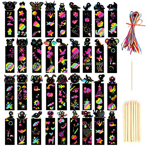 36 Pcs Scratch Art Party Bags Fillers for Kids, Animal Craft DIY Scratch Art Rainbow Bookmarks with 36 Colorful Ropes and 36pcs Wooden Stylus for Boys Girls Classroom Birthday Gifts