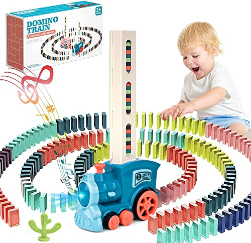 Treno del Domino,100 PZ Blocchi Domino Trenino Automatico con Luci e Suoni,Giocattoli Educativi Interessanti Giochi Regalo per Bambini