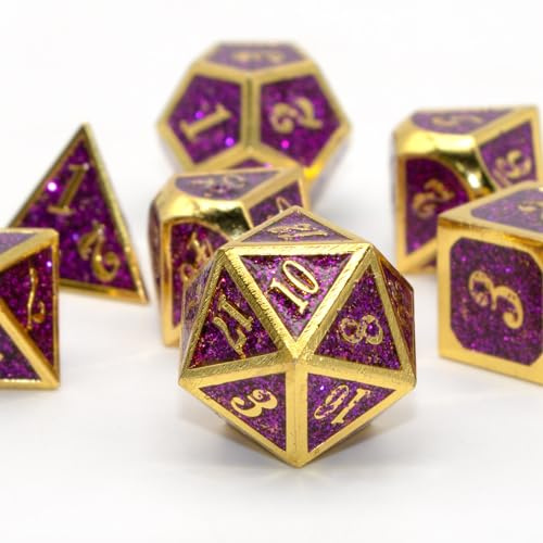 HNCCESG Polyedrische D&D-Würfel aus Metall für Dungeons and Dragons RPG DND-Würfel für Rollenspiele, MTG, Tisch, Gaming, Shadowrun Pathfinder, 7 Stück, D20, D12, D10, D8, D6, D4 (Gold Glitter Purple)