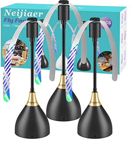 Neijiaer Fly Fans for Tables, Effective Fly Repellent Fan Keeps Flies Away with Soft Blades, USB or Batteries Powered, Portable Fly Fan for Picnic, BBQ, Party (3 Pack), Black