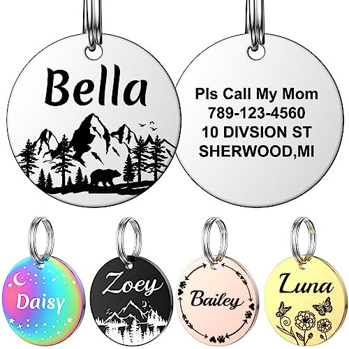 Hundemarke mit Gravur, YEHANTI Dog Tag Personalisiert mit Name, Telefonnummer und Verschiedene Muster für Kleine Hunde Katzen, Rund Edelstahl Adressanhänger Marke für Hundehalsband (Klein, Silber)
