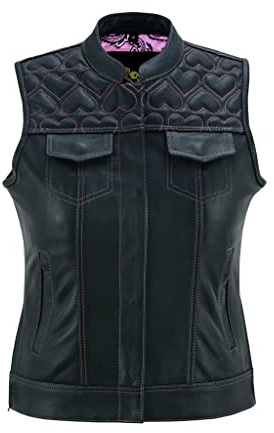 Leatherick Gilet de moto en cuir noir pour femme - Doublure en satin cachemire traditionnel avec surpiqûres cœur