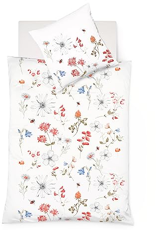 fleuresse 113825, sommerliche Mako-Satin-Bettwäsche, sommerliche Blumen mit Bienen, Oeko-TEX® Standard 100 Zertifiziert, 155 x 220 cm, Fb. Rot