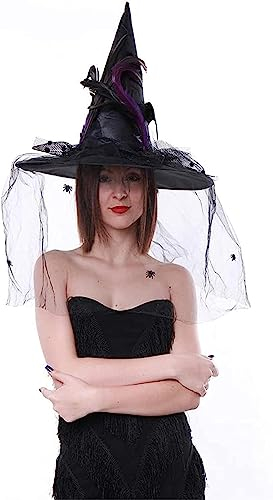 Cranight Halloween Hexenhut Damen, Deluxe Damen Hexenhut Erwachsene Schwarz, Witch Hat mit Schleier und Feder, Fancy Kleid Halloween Zubehör, Frauen Hexe oder Zauberer Outfit