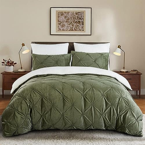 Lanqinglv Housse de Couette 240x260cm Flanelle Polaire Sherpa Hiver Chaude Duveteuse Peluche Parure de lit 2 Personnes Vert Blanc Réversible Pintuck Fille Ado Linge de lit Avez Fermeture Éclair