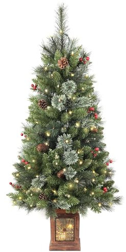 Pre-lit Artificial Christmas Tree 120/4ft,256 Branches Tips Potted Decorated Pine Xmas Tree with LED Lights & 12 Red Berry & 12 Pinecone for Indoor Outdoor