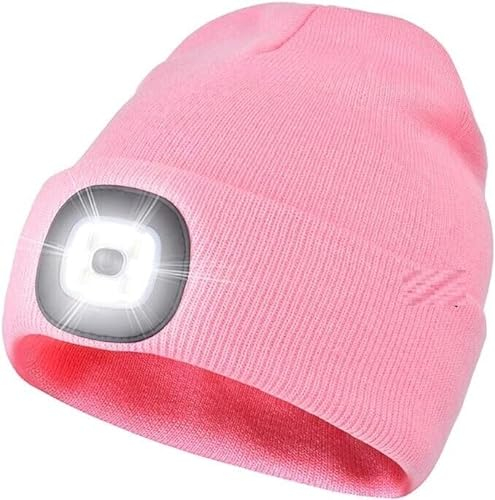 Mr. Gadget's Solutions Gorro LED con luz, unisex, manos libres, 4 LED, gorro de invierno de punto con luz nocturna, linterna para mujeres y hombres, regalos - rosa, Negro, M