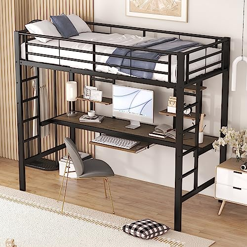 Moimhear Bettgestell Metallbett, Eisenbett, Hochbett mit Schreibtisch und Zwei Bücherregalen für Kinder, Jugendliche und Erwachsene, 90x200cm, schwarz,204 x 95 x 180cm