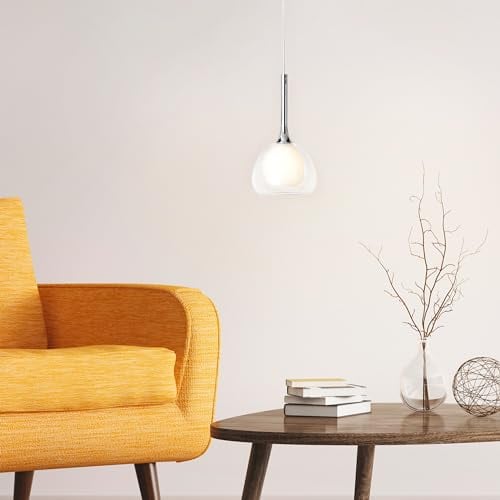 Lightbox moderne Hängelampe - 126 cm, Ø 16 cm - Pendelleuchte mit weißer Glas Abdeckung & klarem Glas Schirm & kürzbarem Kabel - E14, max. 40 W - aus Metall/Glas - in Chrom/Weiß-Transparent