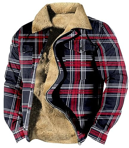 Generisch Flanell Jacke Reißverschluss, Herren Karo Kariert Hemdjacke Fleece Gefüttert Winterjacke Mit Reißverschluss Karrierte Jacket Für Holzfäller Hemd Rot Steppfutter (L, Dark Blue)