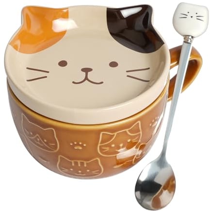 HOTUT Tazas de Café Gato con Tapas y Cuchara,300ml Tazas de Café con Tapa para Gatos,Taza de Té de Cerámica de Animales Novedosos,Kawaii Tazas de Café,Regalos de Cumpleaños de Navidad para Amigos