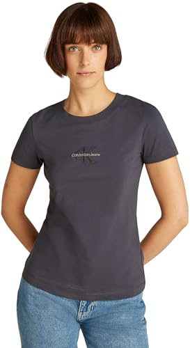 Calvin Klein Damen T-Shirt Kurzarm Monologo Slim Rundhalsausschnitt, Ebony (Grau), XS
