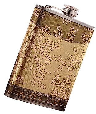 Mikinona Stainless Steel Portable Hip Flask Lid Retro Pattern Whiskey Bottle for Men and Women for Hiking and Parties