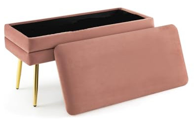 COSTWAY Banc de Rangement Rembourré en Velours, Coffre de Rangement avec Couvercle, Pouf Tabouret Pieds en Métal Doré, Repose-Pieds pour Chambre, Salon, Entrée, Gris