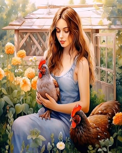 PIPISKY Paint by Numbers for Kids,Girl and Rooster in Summer Garden,Kids' Toy and Games,Gift for Kids,Art Painting Supplies,40x50cm Without Frame