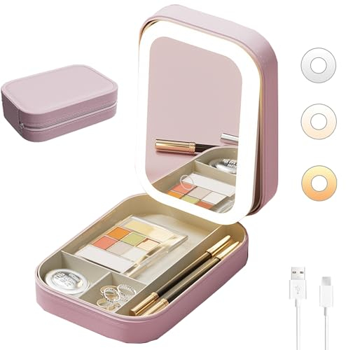 Make-up Tasche mit Spiegel,3 Farben LED Licht, Tragbar Reise Kosmetiktasche mit Spiegel,Wiederaufladbar Schminktasche mit Spiegel und licht Damen (Rosa)