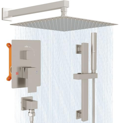 Hoimpro Duschsystem mit verstellbarer Gleitstange, 30,5 cm, quadratischer Regenduschkopf und Wandmontage, 2-in-1-Handbrause für Badezimmer, gebürstetes Nickel