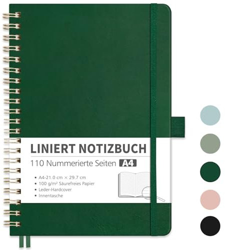 RETTACY Notizbuch A4 Liniert, Bullet Journal mit 100 g/m² Dickem Papier, 55 Blatt/110 Nummerierten Seiten, Collegeblock für Büro und Schule, Lederhülle, Dunkelgrün, 21 cm x 29.7 cm
