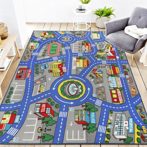 Capslpad Autoteppich Kinder 150x200cm rutschfest Kinderteppich Stadtplan Interaktiver Spielteppich Waschbar Kreativ Pädagogisch Spielmatte für Kinder Teenager Kinderzimmer Spielzimmer Dekor, Blau