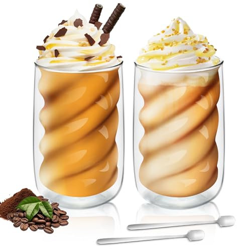 Tapvai 2er Set Cappuccino Tassen 350ml, Latte Macchiato Gläser Doppelwandig, mit 2 Löffeln, Gläser hitzbeständig, Kaffeegläser aus Borosilikatglas Isolierende, Espressotassen, Eiskaffee