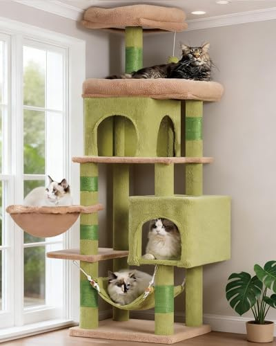 Heybly Kratzbaum, 145 cm Hoher Mehrstöckiger Kratzstamm-Kletterturm, Mit 2 Großen Plattformen, 2 Großer Katzennestern, Katzenkorb, Hängematte, Ballspielzeug, Lammwolle, Grün und Gelb HCT016GY