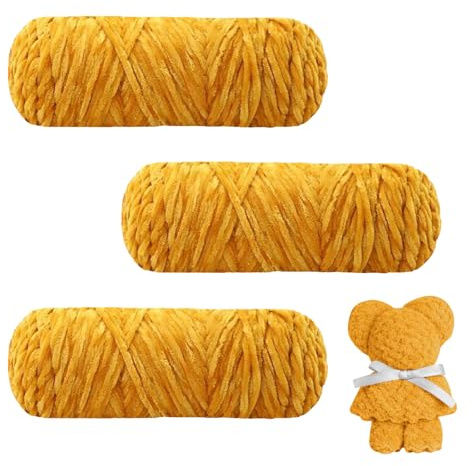 AUAUY Samtig Babywolle, Samt Chenille Garn, 3×100g, Kurkuma | Kuschelweich Chenillegarn, Flauschige Weich Plüschwolle, Häkelgarn Wolle Zum Stricken, Häkeln, Accessoire, Kleidung, Decken