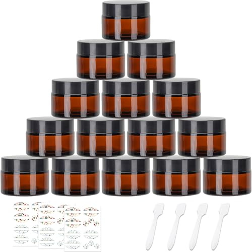 CulnCraz 15 Pack 30 ml Amber Round Glass Jars with Inner Liners, Black Lids | 1 oz Empty Cosmetic Containers with Stickers for Beauty Products, Cosmetic, Lotion, Powders and Making Candles