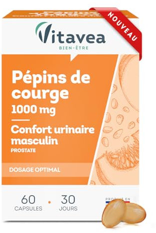 Vitavea - Pépin de Courge 1000MG - Complément alimentaire Homme - Confort Urinaire - Prostate - Huile de pépin de courge - 60 comprimés - Cure 1 mois - Fabriqué en France
