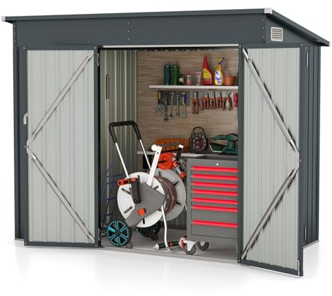 GOPLUS Cobertizo de Jardín de Metal Galvanizado con Puertas Delanteras y Laterales, Caseta de Herramientas con Techo Inclinado, Almacén Exterior para Jardín, Patio, 235x117x185 cm (Gris Oscuro)