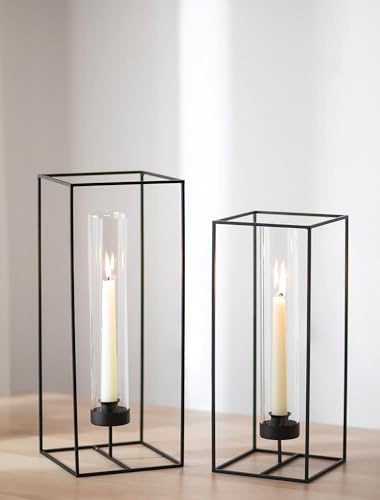 Sziqiqi Kerzenhalter Kerzenständer Stabkerzen Schwarz: Geometrische Stabkerzenhalter Metall für Tisch Deko Draussen - Groß Kerzenständer mit Windlicht Glas Modern für Wohnzimmer Weihnachten Outdoor