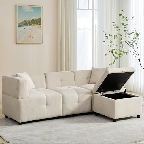 BTM Sectional 3 Seater Sofa, L shape Corner Sofa with Removable Storage Ottoman, Corner Sofa with Storage for Home/Apartment/Office Living Room, Beige
