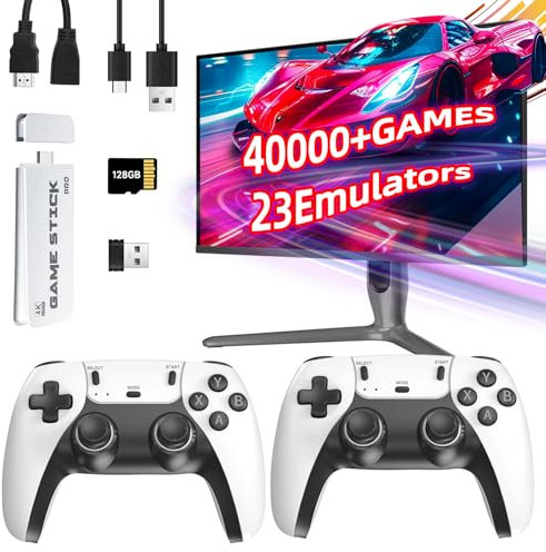 Tufertum Wireless Retro Game Console, 40,000+ Pre-installed Games, 23 Emulators, 4K HDMI, Wireless Controllers, White, TV Plug & Play, Retro Theme