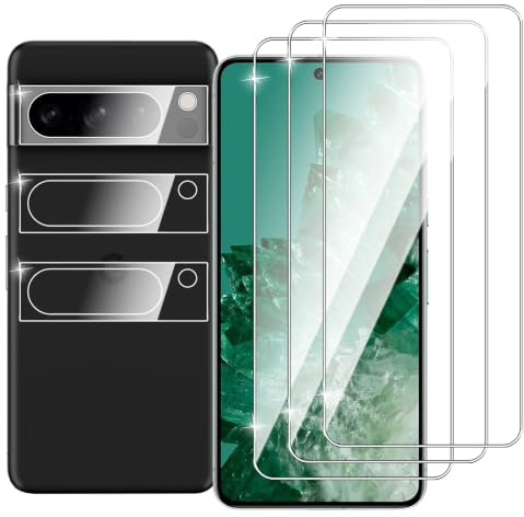Dlxiks Protector de Pantalla para Google Pixel 8 Pro, 3 Cristal Vidrio Templado con 3 Protector de Lente de Cámara, Dureza 9H, fácil instalación, Sin Burbujas, Antiarañazos, HD Transparente