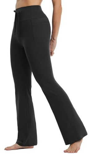 baleaf Yogahose Damen Hohe Taille Flared Leggings Bauchkontrolle mit Taschen Sporthose Drawstring Schlaghose Bootcut Jogginghose Freizeithose Arbeit Casual Schwarz L