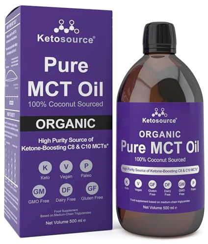 Pure MCT Oil Organic | 100% Coconut Organic MCT Oil C8 C10 Glass Bottle | High Purity Source of Ketone-Boosting C8 & C10 MCTs | Keto Diet, Fasting, Vegan Safe & Gluten Free | 500ml | Ketosource®