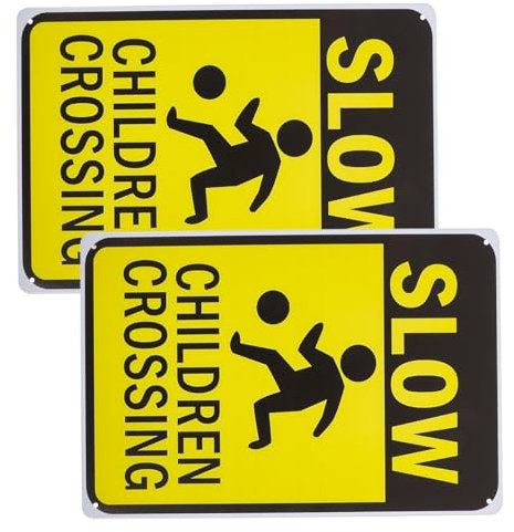 Alipis 2 cartelli di bambini lenti, segnali stradali in ferro, cartelli di sicurezza per bambini per rallentare il traffico in strade, scuole, parchi e quartieri, giallo, 30 x 20 cm