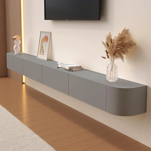 Meuble TV Mural Gris 220 Cm Longueur - Meuble Bas Suspendu Facile À Entretenir - Support TV En Bois Avec Rangement Intégré - Étagère TV Design Pour Salon, Chambre, Appartement Ou Résidence Étudiante
