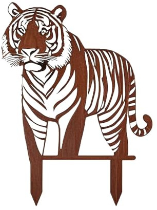 JILIP Dekorative Gartenstecker Aus Metall Mit Tiger-Motiv, Tier-Silhouetten-Statuen, Für Gartenkunst, Außendekoration, Gartendeko, Rasenornamente