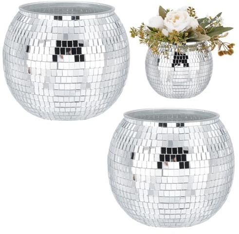 UNICRAFTALE 2 Pcs Disco Ball Vase Disco Ball Planter For Event Decor | Silver Mirrored Glass Surface,Glass+Plastic,150×130mm,Wedding Party Centerpiece
